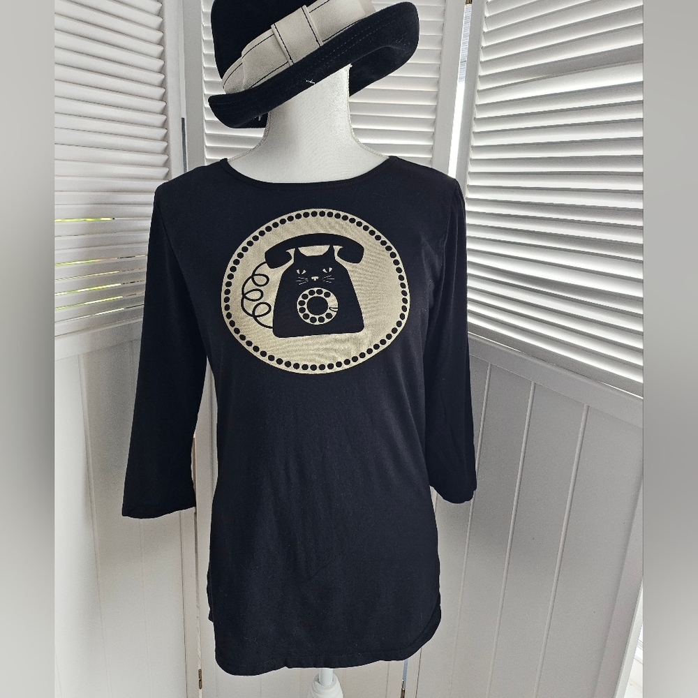Black Cat Phone Print 3/4 Sleeve Tee